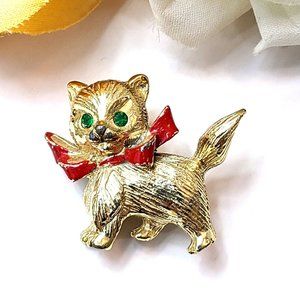 Vintage Kitty Brooch Red Bow Collar & Green Rhinestone Eyes Cat Pin Christmas